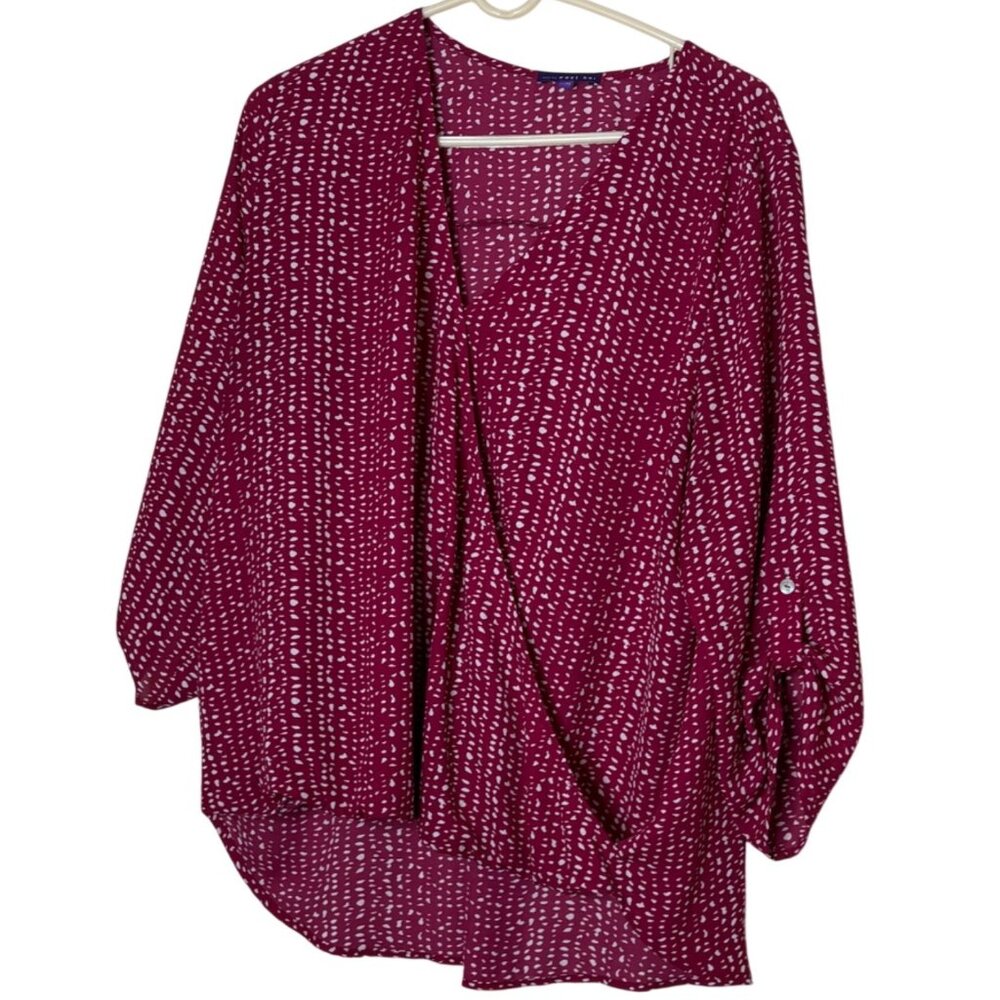 West Kei XXL High Low Fuschia Wrap Front Blouse White Abstract Print 3/4 Sleeve